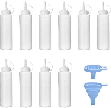10 Pcs 8oz/250ML Squeeze Bottle with Nozzle Plastic Squeeze Bottles Sauce Bottles for Ketchup BBQ Salad Dressing Crafts & More BPA-Free Squeezy Bottle with Funnel Perfect for Kitchen Camping Dining