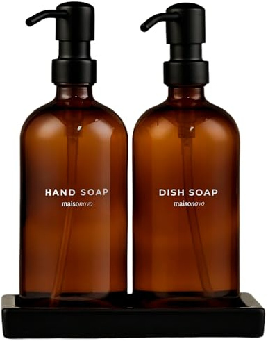 MaisoNovo Dispensador Jabon Cocina Encimera Juego De 2-500ml Cristal Dosificador Jabon Cocina - 2 x Ámbar Botellas De Cristal con De Negro Bombas, Bandeja de Cerámica, Impermeable Etiquetas
