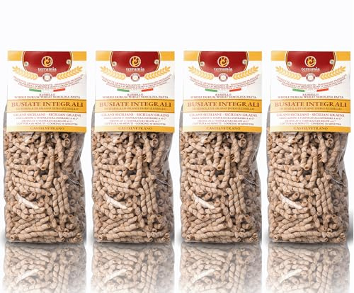 Terramia Busiate Integrali di Grani Antichi Siciliani Russello – Pasta Artigianale Trafilata al Bronzo, 100% Semola Siciliana, Formato Scorta 2kg (4 Buste x 500g)