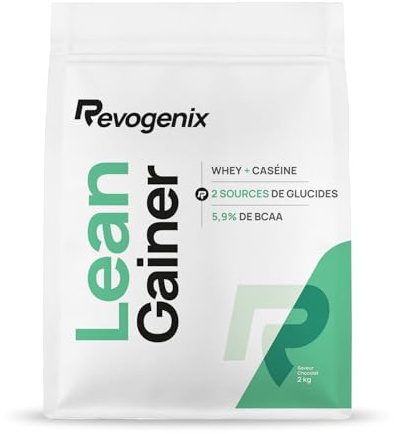 LEAN GAINER | Protéines avec Whey + Caséine | Glucides avec Farine d’avoine + Maltodextrine | Gainer Prise de Masse Musculation sèche | Riche en BCAA | Doypack de 2 kg Saveur Chocolat | REVOGENIX