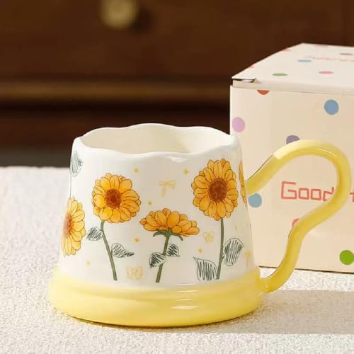 Huiyiwert Porzellan Blumentasse Frühling Blumenmuster Kaffeebecher süße Kaffeetasse Henkelbecher spülmaschinenfest Milchbecher für Kaffee Milch Tee Cappuccino Kakao Müsli (Gelb-Sonnenblume)