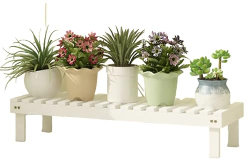 Pflanzenständer aus Holz für drinnen & draußen, mobiles Blumenregal, langes weißes Blumenregal für Wohnzimmer & Balkon, 58 x 25 x 15 cm, Massivholz, einstöckig