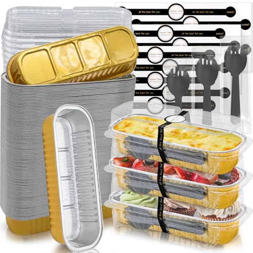 YuleNova 100 Sets Mini Loaf Baking Tins with Lids and Reusable Spoons, 200ml(7oz) Aluminum Foil Baking Trays Mini Cake Tins Containers for Bread Cake, Gold