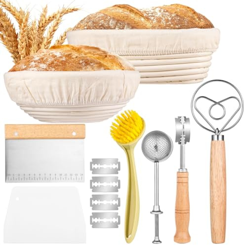 Baking Baskets Set, Bread Making Tools, Sourdough Tools Kit, Bread Proofing Baskets with Dough Scrapers, Sifter, Bread Lame, Danish Whisk, 10 Oval & 9 Round Cleaning Brush
