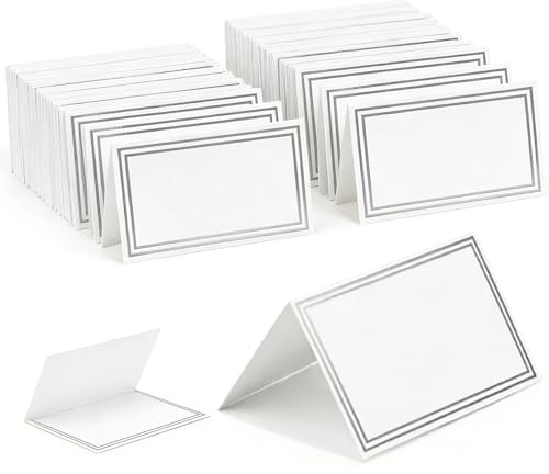 50PCS Silver Table Place Cards,White Blank Tent Card Name Cards with Silver Foil Border,Rectangle PlaceCards for Table Setting Wedding Birthday Dinner Party Wedding Dinner Party