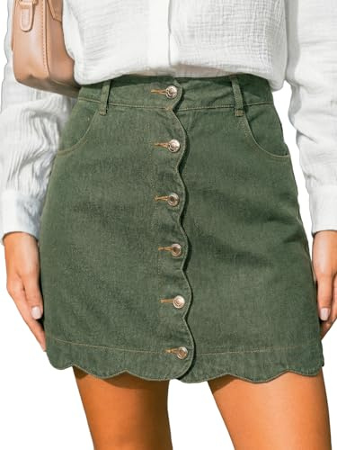 CUPSHE minijeans kjol hög midja vågig fåll minikjol casual jeanskjol med fickor, Grön, L