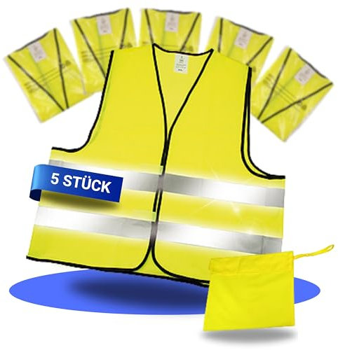 elasto Warnwesten 5er-Set im Etui nach EN ISO 20471 Zertifiziert Warnweste Gelb Einheitsgröße XXL mit Reflektorstreifen