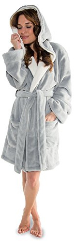 CelinaTex Miami Peignoir De Bain Capuche De Deux Couleurs Court Poches Appliquées Femme Microfibre Laine Polaire de corail S gris/blanc créme