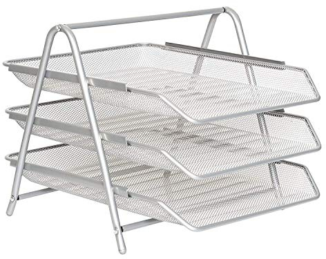 Zuvo Organiseur de Bureau 3 Niveaux en Métal Argent – Porte-Documents A4 Empilable – Plateau à Courrier en Treillis pour Rangement de Papier – Accessoires de Bureau Élégants