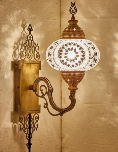 Turkish Moroccan Mosaic Plug in Wall Sconce Lamp with 5.2-Foot Cord, Handmade Tiffany Style Glass Globe with Colorful Hand Cut Glass Mosaics and Glass Beads, Decorated Brass Base, 15x5, White-Black
