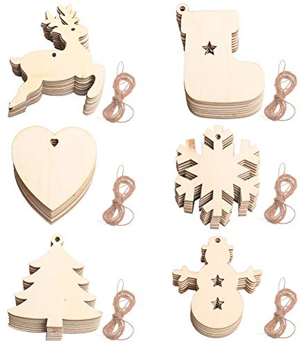 60 Pieces Wooden Baubles Wooden Christmas Decorations Natural Wood Slices Paintable Christmas Ornaments Pendant for DIY Crafts Christmas Tree Decorations Xmas Holiday Hanging Decorations