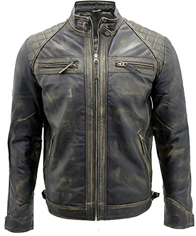 Infinity Leather Veste Rétro en Cuir Noir Frotter Pour Hommes Classique Courses Veste Matelassée Motard Moto Fashion L