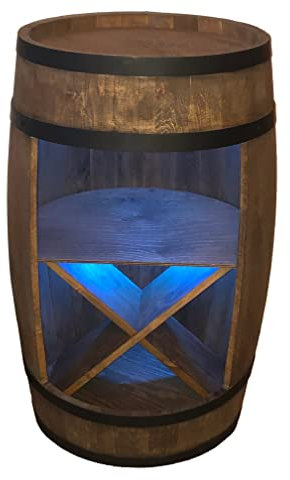 Fassbar mit Fachböden und Weinregale + LED Beleuchtung - Holzfass - Fassregal Getränkeschrank/Bar Wine Rack Holzregal. Aufbewahrungsschrank. Fass deko für Wein, Whisky Bier Gläser und Flaschen