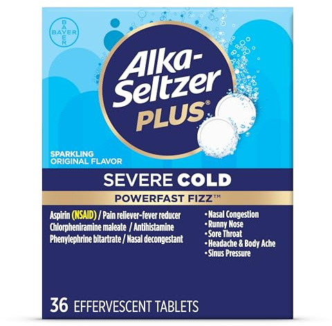 Alka-Seltzer Plus Severe Cold - Sparkling Original Powerfast Fizz Effervescent Common Cold Tablets, Sinus Congestion, Runny Nose, and Dry Cough, 36CT, Packaging May Vary