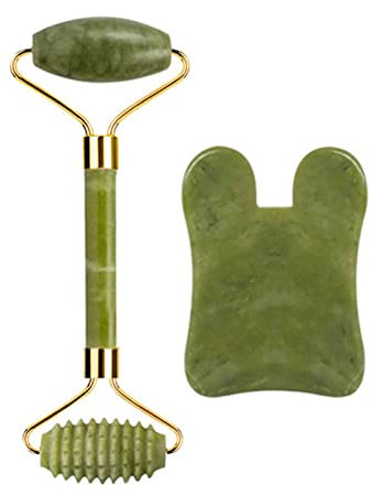 BXSMNH Jade Roller und Gua Sha Set – Schönheitskosmetik-Gesichtsroller mit Massagewerkzeug – Authentische langlebige und original handgefertigte natürliche grüne Jade
