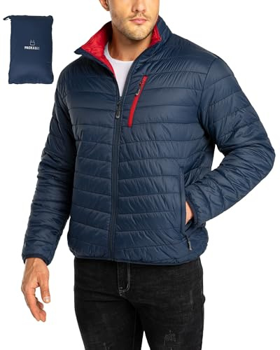 33,000ft Mens Winter Lightweight Jacket Warm Short Packable Puffer Jacket Transitional Padded Jacket Quilted Jacket for Men Lined for Hiking Travelling Navy Blue+Red M
