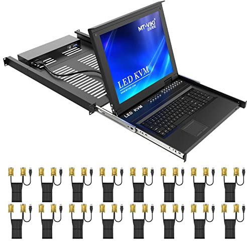 MT-VIKI 17 Zoll LCD Konsole Rackmount VGA KVM Switch 16 Port für 1 HE 19'' 600-800mm Standard-Server-Schrank Touchpad Tastetur Schublade OSD Hotkey 1.5m+1.8m Kabel 1280x1024