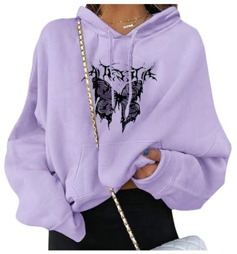 ORANDESIGNE Damen Kapuzenpullover mit Schmetterlingsdruck Teenager Mädchen Harajuku Hoodie Herbst Winter Frauen Pullover Oberteile Langarmshirt mit Kordel und Taschen
