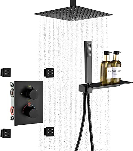 LUNEZY Thermostatisches Duschsystem mit 4 Körperdüsen, 25,4 cm Regenduschkopf zur Deckenmontage mit Handbrause, Ablage, Duscharmatur-Set, Mattschwarz