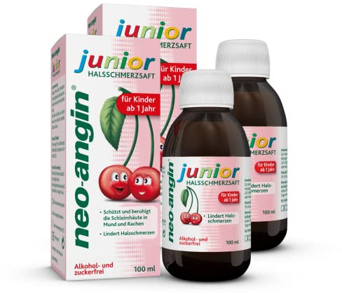 neo-angin junior Halsschmerzsaft mit leckerem Kirschgeschmack | lindert Halsschmerzen & beruhigt gereizte Schleimhaut | für Kinder ab 1 Jahr |zuckerfreier Hustensirup mit Isländisch Moos | 2 x 100 ml