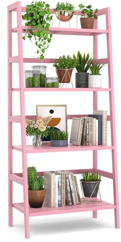 Homykic Ladder Bookshelf, 4-Tier Bamboo Ladder Shelf 49.2” Open Book Shelf Bookcase Freestanding Bathroom Storage Rack Plant Stand for Living Room, Bedroom, Office, Easy Assembly, Pink + White