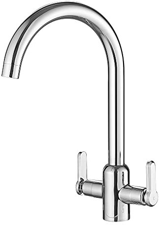 Heable Kitchen Mixer Tap Dual Lever Monobloc Swivel Spout Chrome Sink Taps Brass with UK Standard Fittings