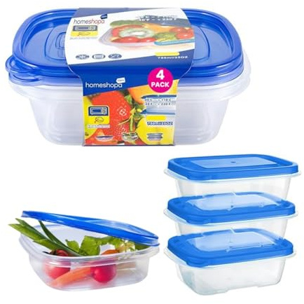 HOMESHOPA Food Storage Containers with Blue Lid 750ml, 4 Pack Rectangular BPA Free Plastic Containers with Airtight Lids, Reusable, Stackable, Nestable Meal Prep Boxes
