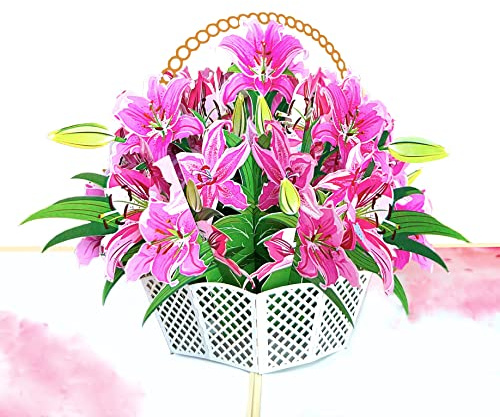Mothers Day Card, 3D Pop Up Birthday Greeting Flower Cards (Lily Basket - Size 20x15 cm)