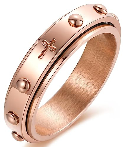 Adreamz 6 mm Spinner Ring zur Angstlinderung Fidget mit Rosenkranz Perlen Kreuz Lord Gebet Silber/Schwarz/Gold/Rotgold Edelstahlring, Edelstahl, Kein Edelstein