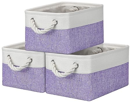 PWVMWM Small Storage Baskets with Rope Handles, Collapsible Fabric Storage Box, Small Linen Basket for Bedroom Bathroom Cupboards Shelves Wardrobe (31x21x16cm/3 Pack, White Purple)