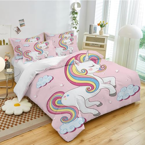 Juego de 3 fundas de edredón para niños y niñas con dibujos animados de unicornio, lindo unicornio, arcoíris y unicornios para niños y niñas (B, 135 x 200 cm)