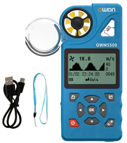 OWON OWM5500 Digital Anemometer: Handheld HVAC Tool for Comprehensive Measurement of Wind Speed, Air Volume, Temperature, Humidity, and More - Built-in Data Storage, USB Sync to PC, Chart Display