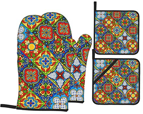 Juego de cuatro piezas de guantes de horno de cocina estilo mexicano para cocinar y hornear