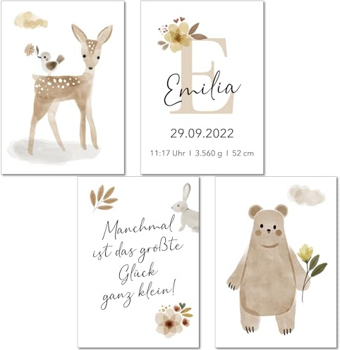 LALELU-Prints Poster Kinderzimmer Bilder I personalisiert mit Name, Geburtsdaten und Spruch I Geschenk Geburt Geburtsposter Mädchen Junge I A4 ohne Rahmen B (P01 Reh Boho)