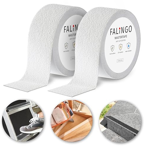 FALINGO Ruban adhésif antidérapant, 2 rouleaux 5 cm × 5 m, en PVC autocollant, pour escaliers et marches, à l'intérieur et à l'extérieur (Blanc)