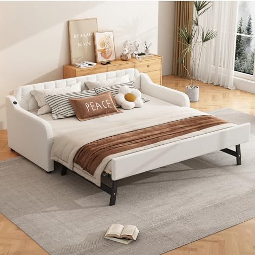 Schlafsofa Tagesbett 90x200, Bett mit ausziehbares Rollbett&USB-Anschluss, Modern Jugendbett Bettgestell Familienbett Gästebett Einzelbett Sofabett Bettrahmen für Schlafzimmer Wohnzimmer, Linen, Beige