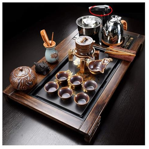 Chinese Tea Ceremony Table Tea Set,Tea Serving Tray Kung Fu Tea Set With Wood Solid Wood Tea Tray Drainage Water Storage,Chinese Ceramic Kungfu Tea Set,with Automatic Water Heater(Size:Style-2)