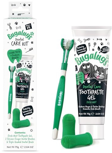 Bugalugs Dog and Cat Dental Care Kit: Toothpaste, 2 Finger Cat Toothbrushes, Dog Toothbrush for Plaque Removal and Fresh Breath