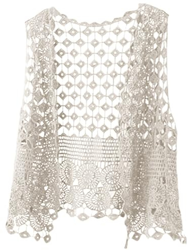 Damen Sommer Ärmellos Strickweste Häkelweste Blumenmuster Retro Ärmellos Vorne Offen Kurze Weste Schal Strickjacke Strick Weste Gilet Häkeln Hohl Spitze Vielseitiger ärmelloser (Beige, One Size)
