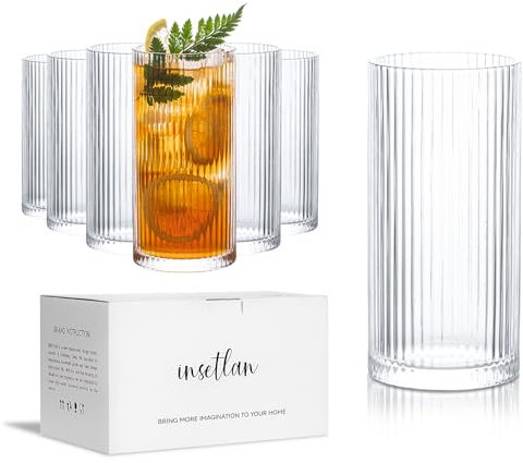 INSETLAN Lot de 6 verres à long drink striés de 370 ml - Idéal pour le whisky, la bière, les jus, le café glacé et les cocktails - Passe au lave-vaisselle