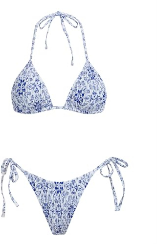 VOLAFA Conjunto de bikini triangular para mujer, traje de baño de dos piezas con estampado de lazo fruncido y fruncido, Azul3, 6