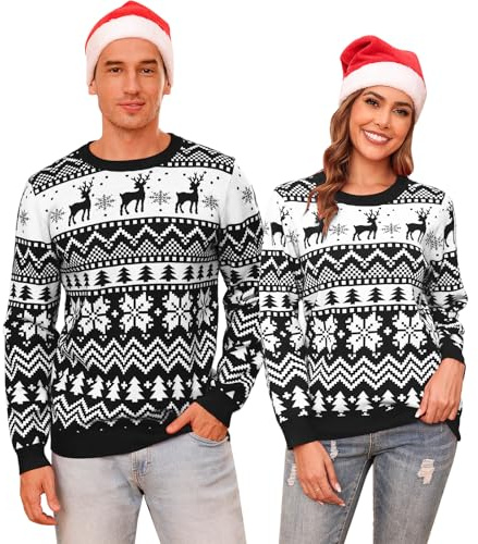 Aottori Jultröja för damer och herrar, familjeset, med rund hals, långärmad, stickad tröja till jul, unisex, julpullover, varm, med renmotiv, M