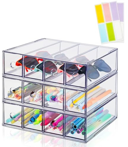 3 Packs Schubladenbox Schreibtisch mit 8 Schubladen, Stapelbar Schubladen | Acryl Schreibtisch Organizer Schubladen, Klar Schubladenbox Klein Make-up, Sonnenbrillen Stationery Organizer für Büro