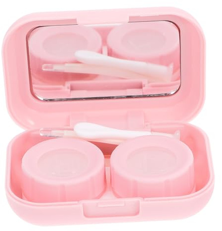 HAPINARY Estuche Porta Lentillas Rosa de Vidrio y Abs con Espejo y Herramientas, Diseño Práctico y Ligero para Uso Outdoor Llevar en Bolsa