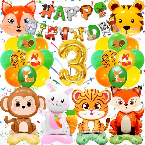 Zaztytoy Waldtiere Geburtstag Deko für 3 Jahre – Wiederverwendbarer 3D-Heliumballon (40 x 60 cm), langlebig & sicher, perfekte Deko für Kindergeburtstagsfeiern.