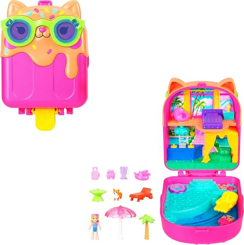 Polly Pocket Puppe und Spielset, Eiskätzchen-Schatulle, Reisespielzeug mit 1 Minipuppe, Hündchen und passendem Zubehör, JCB17