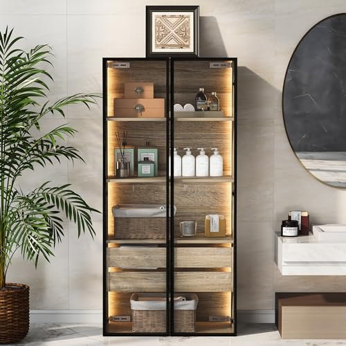ModernLuxe Vitrina de cristal para cuarto de baño, de pie, con iluminación LED, 74 cm de ancho, puertas de cristal esmerilado, 2 cajones y 2 puertas, de pie o colgante, color marrón cálido 74 x 36 x
