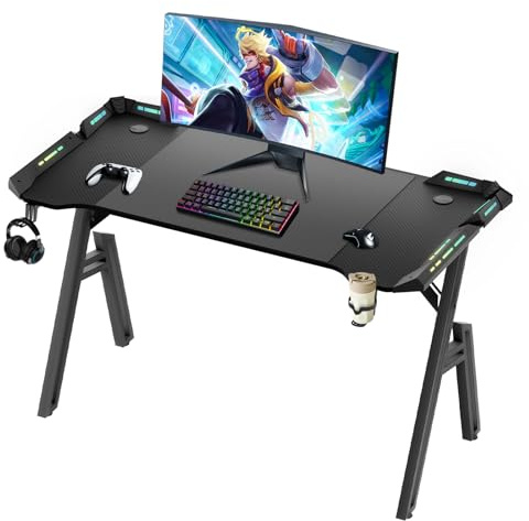 Gamer Tisch 120x60cm，A-Frame Gaming Schreibtisch，Computertisch PC mit Getränkehalter,Kopfhörer Haken Kohlefaserbeschichtung，Stabiler PC Schreibtisch Ergonomischer für Home Office，Gaming Tisch