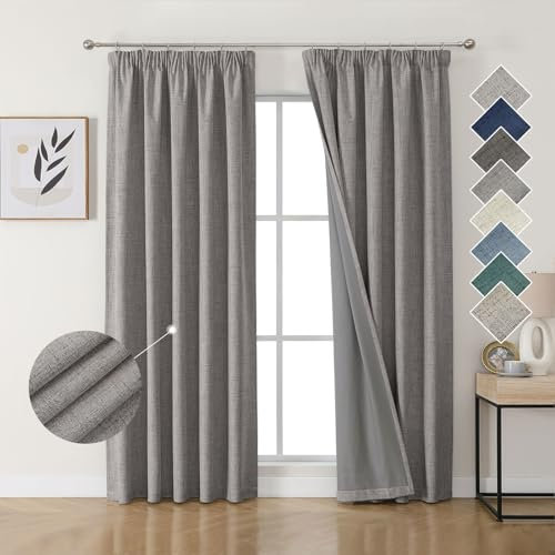 Joydeco 100% Blackout Curtains Bedroom 52 x 84 Inch Drop, Faux Linen Pencil Pleat Thermal Insulated Drapes with Coating Back Layers for Room Darkening Privacy Protection, 2 Panels, Light Grey