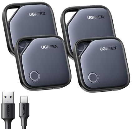 UGREEN FineTrack (4 Pack) supports USB C Charging, Compatible with Apple Find My (iOS only), One charge for 12 months Bluetooth Tracker Tag, Finder for Keys, Wallet, Luggage, Suitcase and More